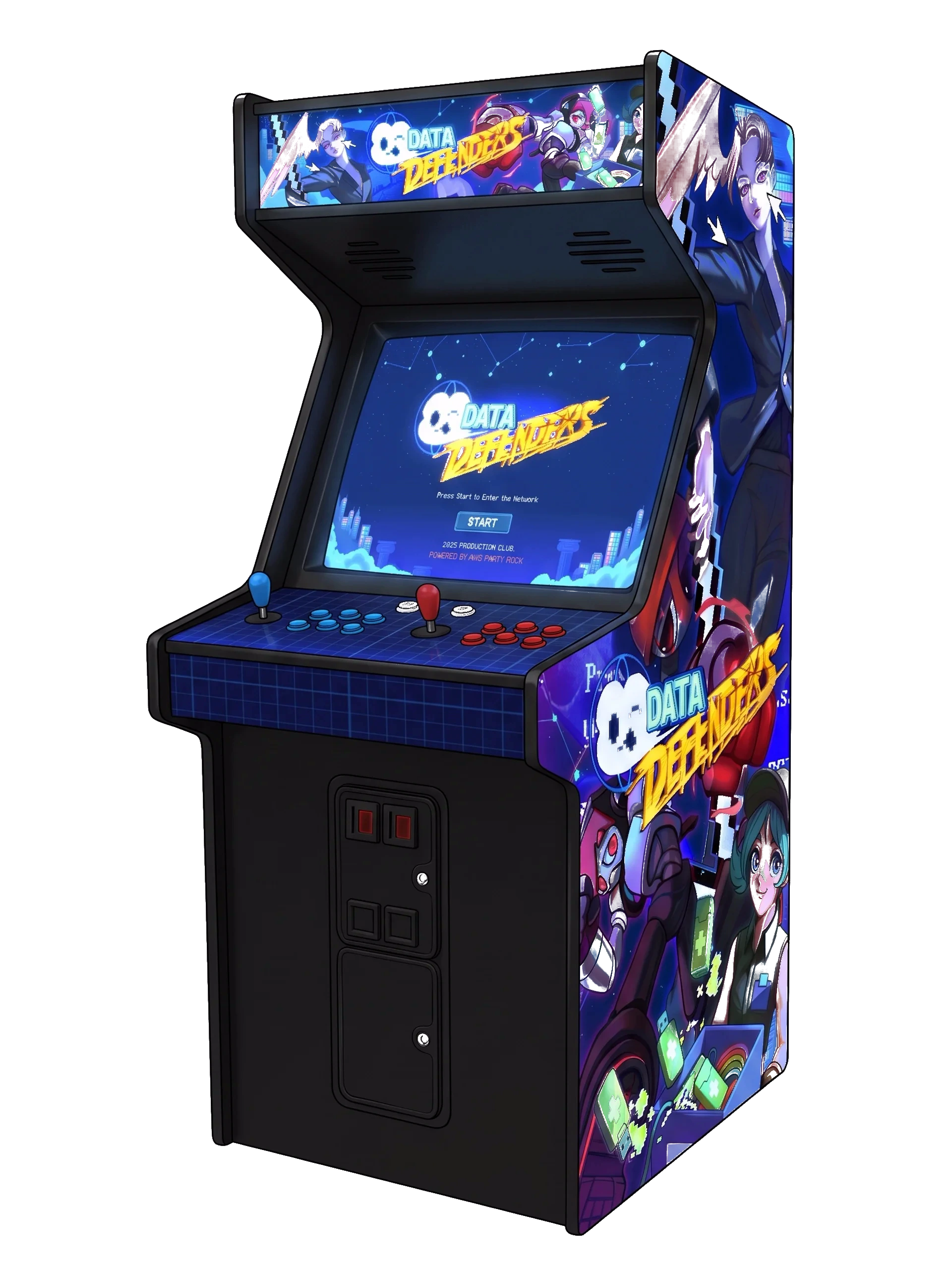 the assembled DATA DEFENDERS arcade cabinet